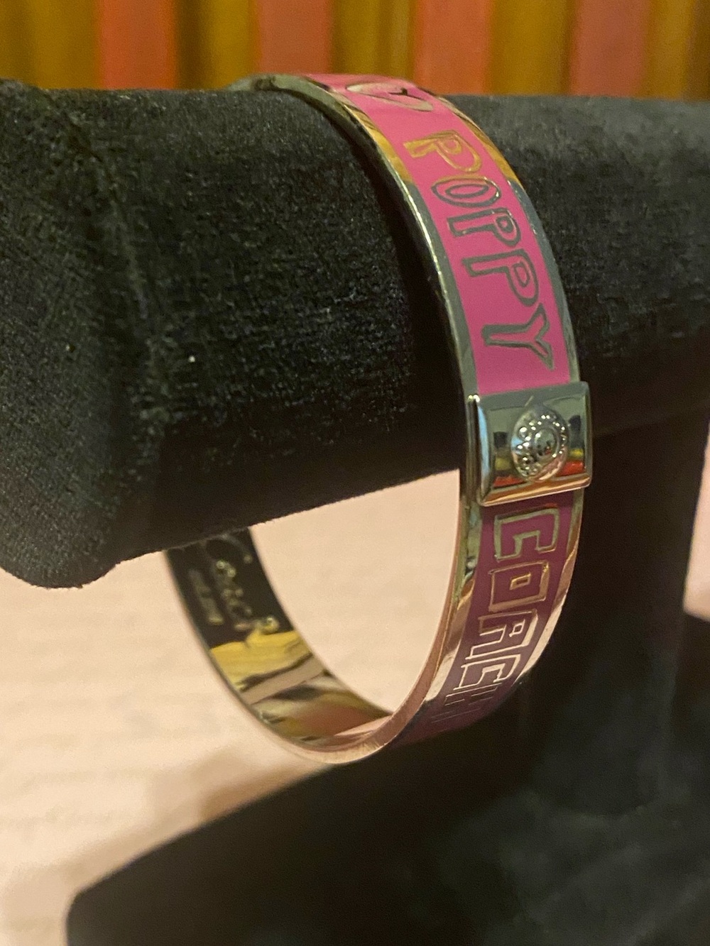 Coach Vintage Poppy Fuchsia Pink Enamel Bangle Bracelet Silver Tone